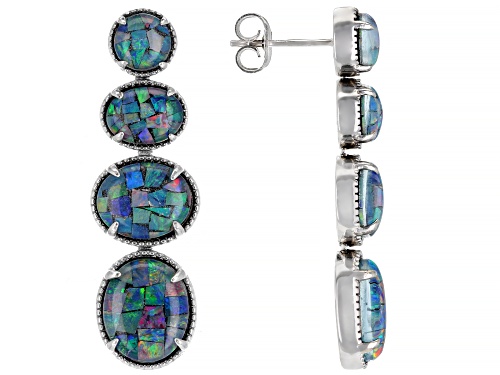 Oval and Round Australian Mosaic Opal Triplet Rhodium Over Sterling Silver Dangle Earrings