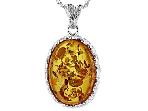 25x19mm Oval Cabochon Amber Rhodium Over Silver Solitaire Pendant With Chain