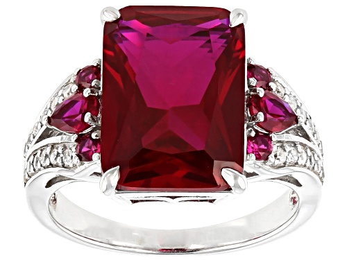 7.24ctw Lab Created Ruby with .18ctw White Zircon Rhodium Over Sterling Silver Ring - Size 5
