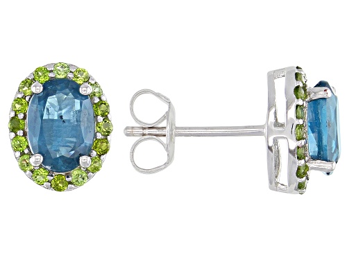1.79ctw Oval Teal Chromium Kyanite & .27ctw Chrome Diopside Rhodium Over Silver Halo Earrings
