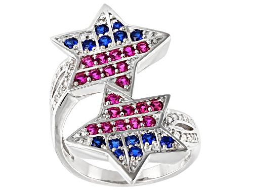 Photo of .75ctw Lab Created Blue Spinel, Ruby & Sapphire Rhodium Over Sterling Silver Bypass Patriotic Ring - Size 7