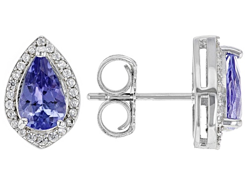 1.53ctw Pear Shape Tanzanite & .24ctw White Zircon Rhodium Over Silver Halo Stud Earrings