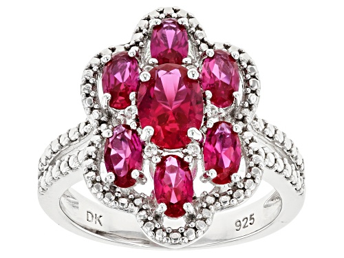2.10ctw Oval Lab Created Ruby with .01ctw Round White Zircon Rhodium Over Sterling Silver Ring - Size 8