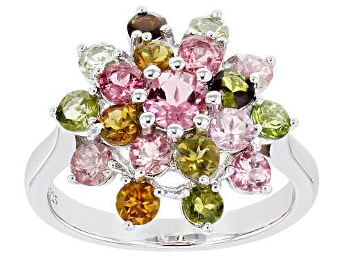 Photo of 2.60ctw Round Multi-Color Tourmaline Rhodium Over Sterling Silver Cluster Ring - Size 9