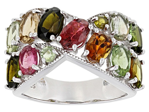 Photo of 4.16ctw Oval & .14ctw Round Multi-Color Tourmaline Rhodium Over Silver Bypass Ring - Size 7