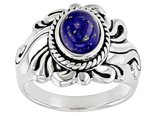 8X6MM OVAL CABOCHON LAPIS LAZULI RHODIUM OVER STERLING SILVER SOLITAIRE RING - Size 6