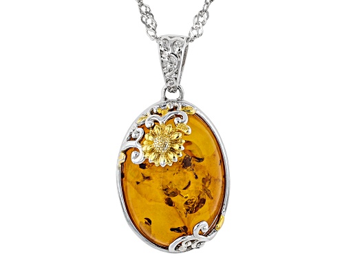 Photo of 18x13mm Oval Amber Rhodium Over Silver with 18k Gold Enhanced Sunflower Detail Pendant with Chain