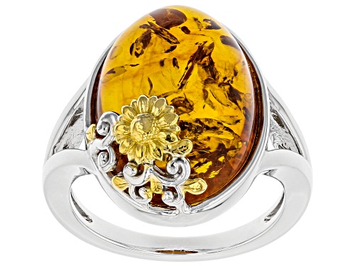 Photo of 18x13mm Oval Amber Rhodium Over Sterling Silver With 18k Gold Enhanced Sunflower Detail Ring - Size 8