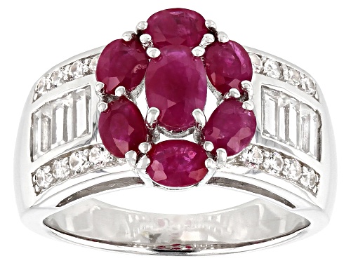 1.48ctw Oval Burmese Ruby With 1.03ctw Baguette & Round Zircon Rhodium Over Silver Flower Ring - Size 7