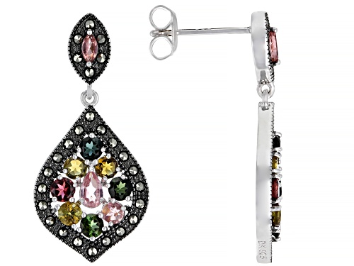 2.48ctw Mixed Shape Multi-Color Tourmaline & Marcasite Rhodium Over Silver Chandelier Earrings