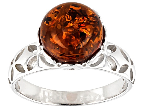 10mm round cabochon orange amber rhodium over sterling silver solitaire ring. - Size 8