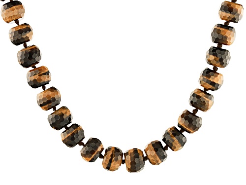 Photo of 16x12mm Rondelle Tiger's Eye Rhodium Over Sterling Silver Beaded Necklace - Size 20