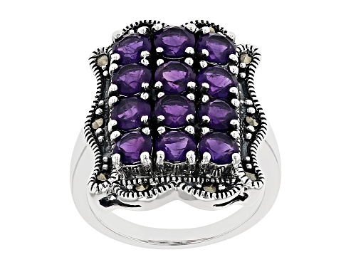 2.44ctw Round African Amethyst with Marcasite Rhodium Over Sterling Silver Ring - Size 7