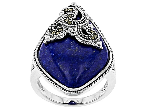 Photo of Free-Form Lapis Lazuli with Round Gray Marcasite Rhodium Over Sterling Silver Ring - Size 8