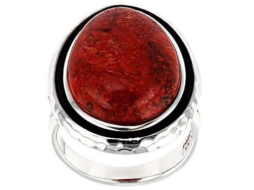 20x14mm Free-Form Red Coral Cabochon Sterling Silver Solitaire Ring - Size 7