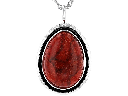 20x14mm Red Coral Sterling Silver Solitaire Pendant with Chain
