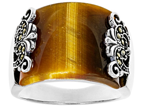 Free-Form Tigers Eye with Gray Marcasite Rhodium Over Sterling Silver Ring - Size 7