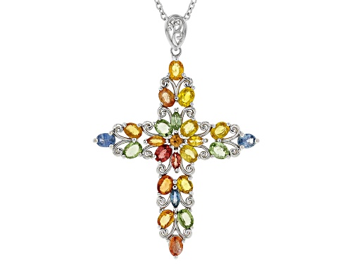 4.02ctw Marquise, Oval & Round Mixed-Color Sapphire Rhodium Over Silver Cross Pendant W/Chain