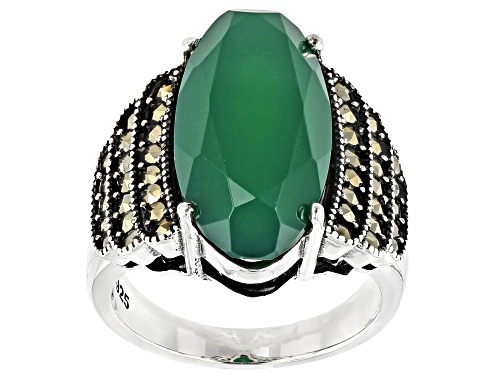 20x10mm Elongated Oval Green Onyx with Round Marcasite Sterling Silver Ring - Size 8