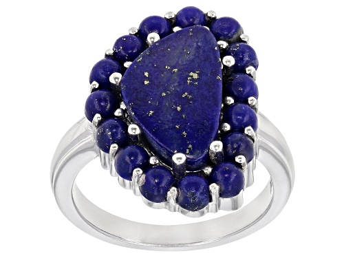 14x8mm Free-Form and 3mm Round Lapis Lazuli Rhodium Over Sterling Silver Ring - Size 7