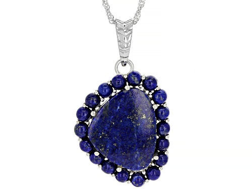22x17mm Free-Form and 4mm Round Lapis Lazuli Rhodium Over Sterling Silver Enhancer with Chain