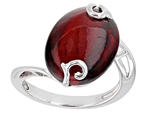 Photo of 16X12MM OVAL CABOCHON RED TIGER'S EYE SOLITAIRE RHODIUM OVER STERLING SILVER RING - Size 9