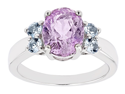3.15ct Oval Kunzite With 0.41ctw Round Aquamarine Rhodium Over Sterling Silver Ring - Size 8