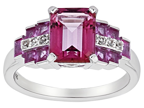 2.55ct Pink Topaz with 0.69ctw Lab Pink & 0.10ctw Lab White Sapphire Rhodium Over Silver Ring - Size 10