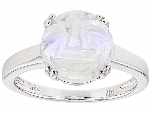 10mm Carved Rainbow Moonstone Rhodium Over Sterling Silver Ring - Size 8