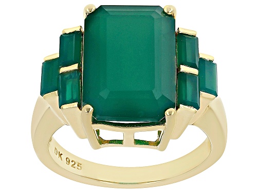 Photo of 14x10mm Rectangular Octagonal And 4x2mm Baguette Green Onyx 18k Yellow Gold Over Silver Ring - Size 10