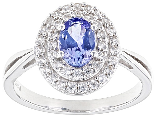 .63ct Oval Tanzanite With .32ctw Round White Zircon Rhodium Over Sterling Silver Ring - Size 8