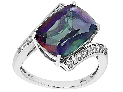 5.00ct Cushion Multi Quartz With 0.35ctw White Zircon Rhodium Over Sterling Silver Bypass Ring - Size 7