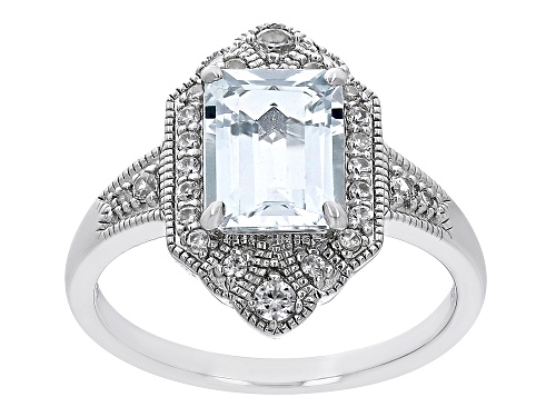 1.75ct Rectangular Octagonal Aquamarine With 0.37ctw White Zircon Rhodium Over Silver Ring - Size 7