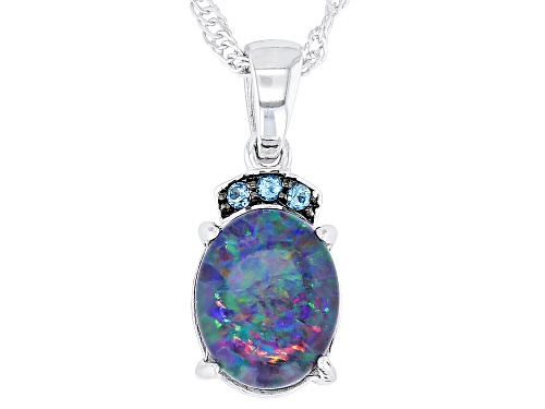 10x8mm Australian Opal Triplet And 0.05ctw London Blue Topaz Rhodium Over Silver Pendant With Chain