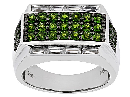 Photo of 1.74ctw Round Chrome Diopside With 1.21ctw White Zircon Rhodium Over Sterling Silver Men's Ring - Size 11