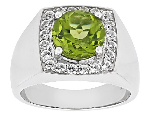 4.00ct Round Manchurian Peridot™ With 0.93ctw White Zircon Rhodium Over Silver Men's Ring - Size 12
