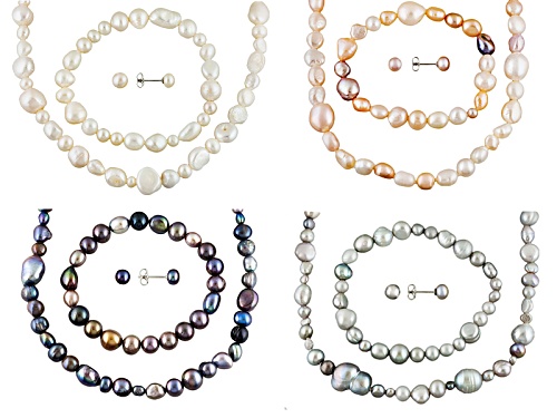 6-7mm Multi-Color Cultured Freshwater Pearl Rhodium Over Silver (4) Necklace, Bracelet, Earring Sets