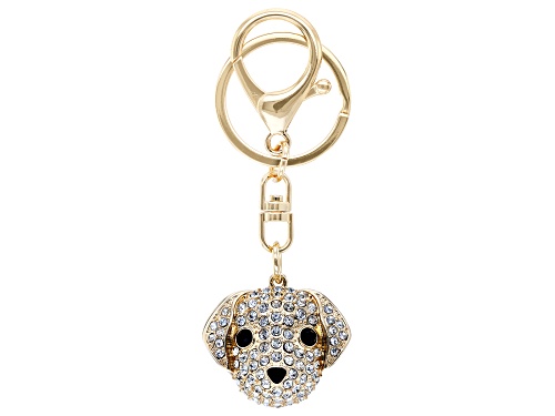 Off Park® Collection, White and Black Crystals Gold Tone Dog Keychain