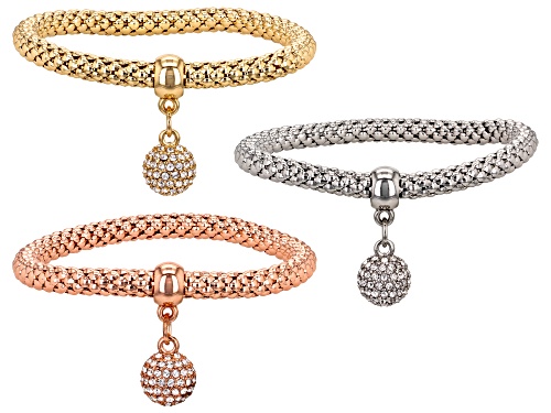 Off Park® Collection, White Crystal Tri-Color Tone Set of 3 Stretch Charm Bracelet
