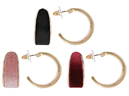 Off Park® Collection, Pink, Burgundy & Black Velvet Gold Tone Set of 3 Hoop Earrings