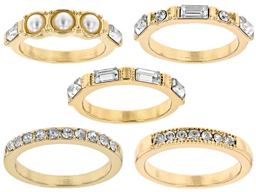 Off Park® Collection, Pearl Simulant & White Crystal Gold Tone Set of 5 Rings - Size 6
