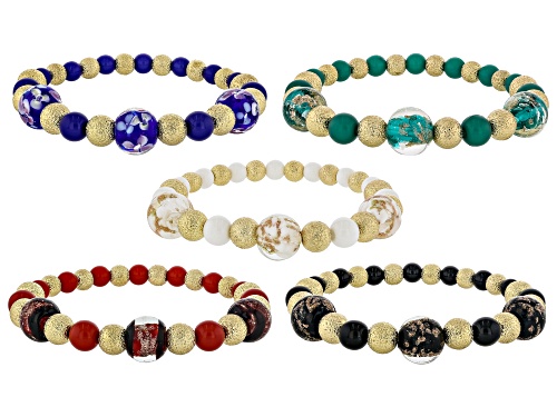 Off Park® Collection, Multi-Color Murano Inspired Glass Gold Tone Set of 5 Stretch Bracelets