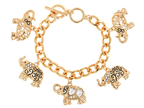 Off Park® Collection, White Crystal Gold Tone Elephant Charm Bracelet