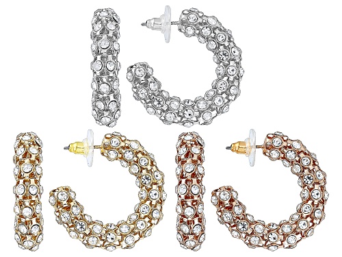 Off Park® Collection, White Crystal Glass Tri-Tone  Set of 3 Hoop Earrings