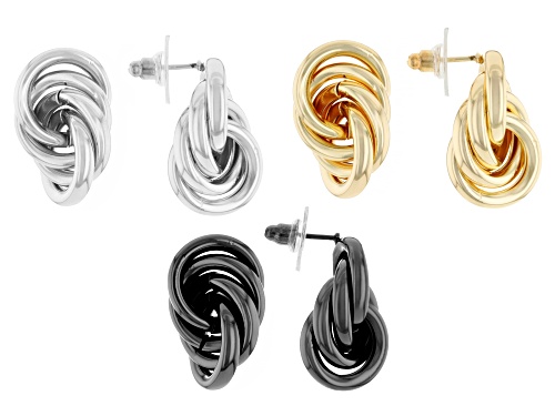 Off Park® Collection, Gold Tone, Silver Tone & Hematine Tone Knot Earrings Set of 3