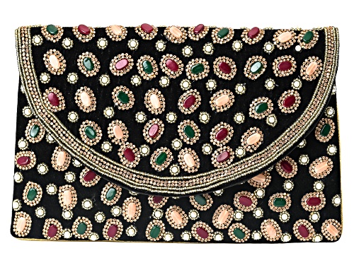 Off Park® Collection, Multi-Color Crystal & Pearl Simulant Gold Tone Black Clutch