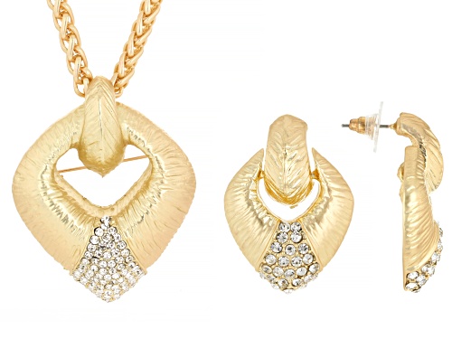 Off Park® Collection, White Crystal Matte Gold Tone Pendant/Pin With 24" Wheat Chain & Earring Set