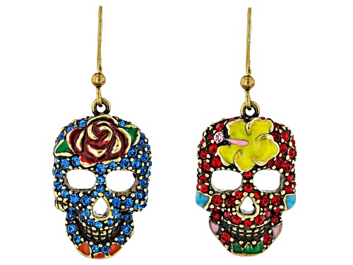 Off Park ® Collection multi color crystal antiqued gold tone day of the dead dangle earrings