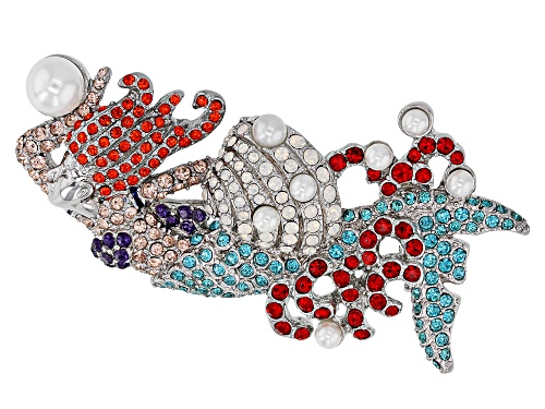 Off Park ® Collection, Multicolor Crystal and White Pearl Simulant Silver Tone Mermaid Brooch