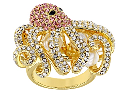 Off Park ® Collection, Round Multi-color Crystal Gold Tone Octopus Ring - Size 7